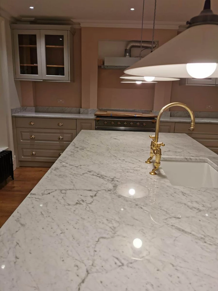 kitchen island with white marble top